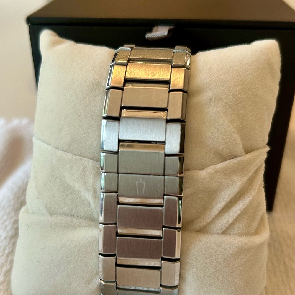 Bulova Silver Timepiece with Black Face and Swarovski Crystal detail. - Picture 4 of 8